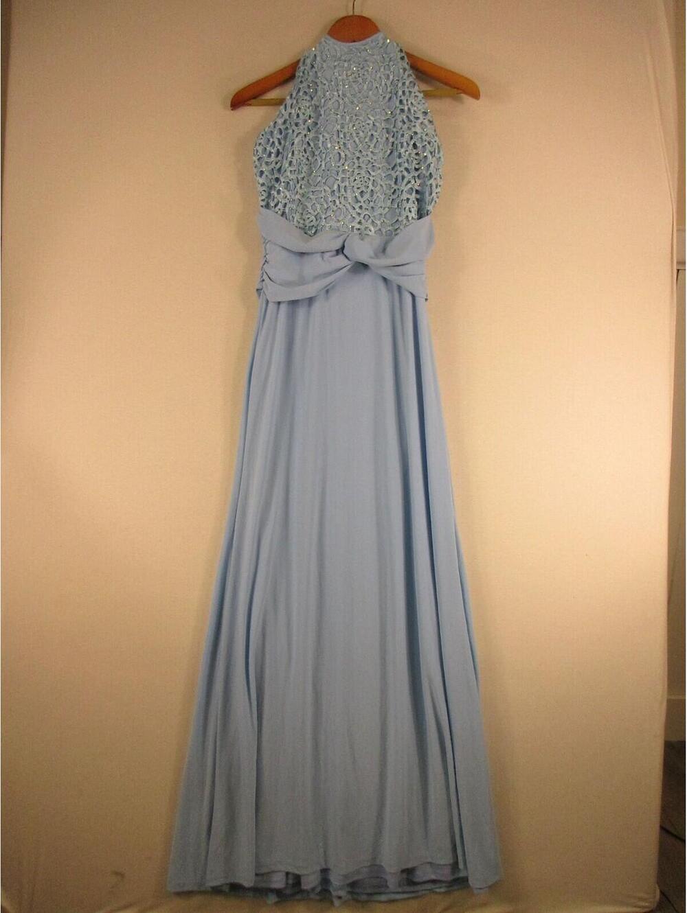 Evening Gown Womens L Light Blue Lace Halter Beaded Open Back Floor Length